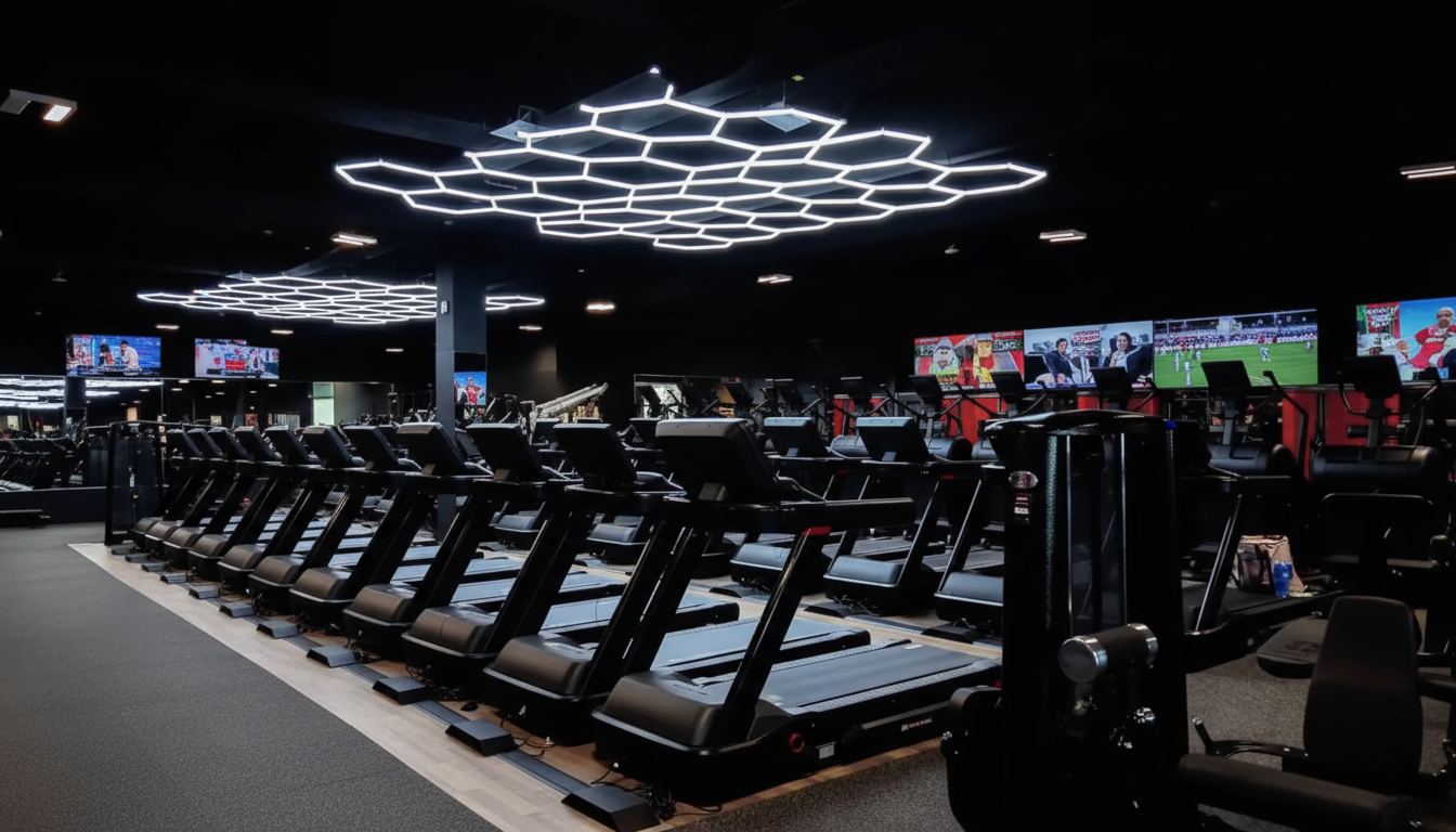 Modern gym interior with professional fitness equipment including treadmills, ellipticals and weight machines
